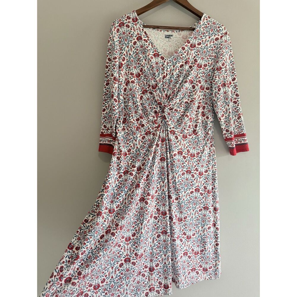 Lands End Floral Knit Dress V Neck Fit Flare Midi Cottage Stretch Red Navy Large - Picture 4 of 16